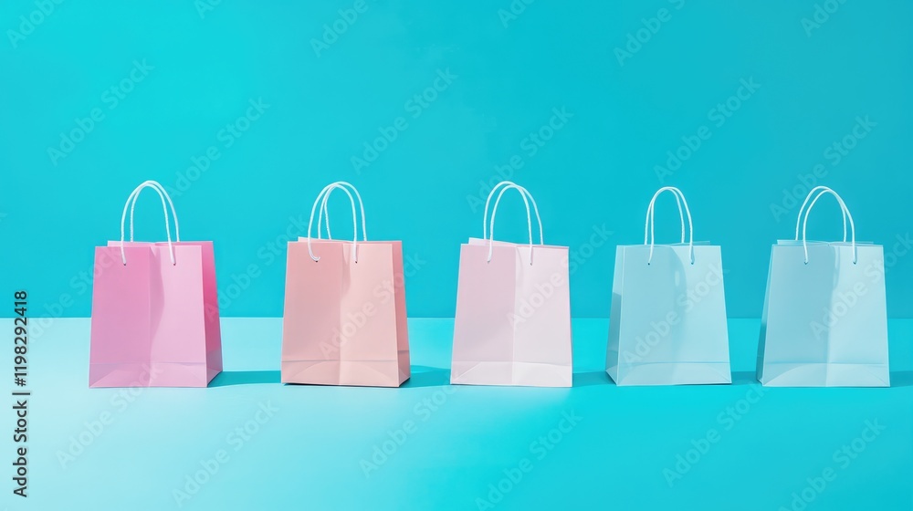 Poster a neat arrangement of several shopping bags placed evenly on a smooth background with empty space fo