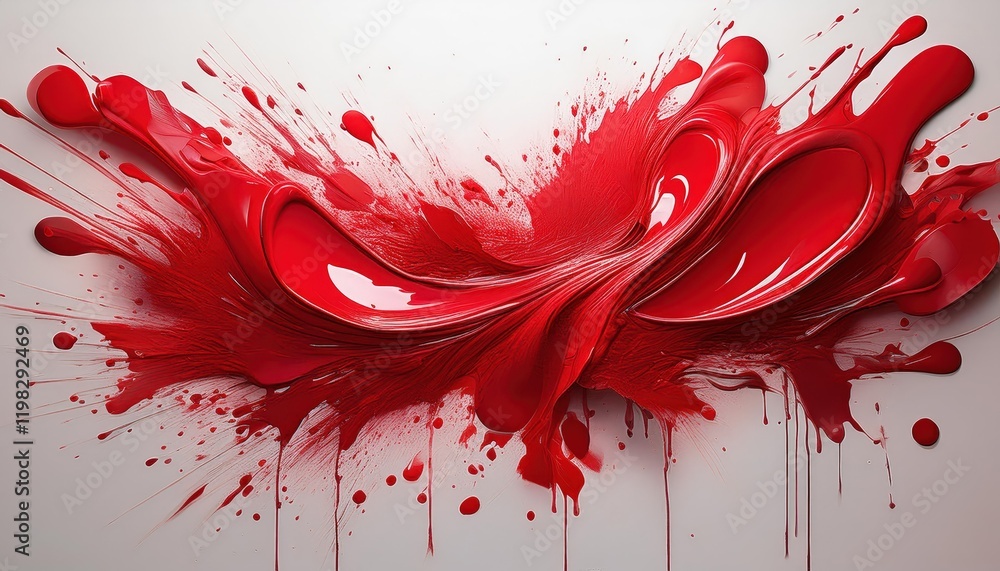 Poster striking ruby red paint splatters form abstract patterns on a clean white canvas vibrant, textured, 