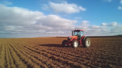 Obraz premium Red tractor working on a plowed agricultural field under a blue sky in rural landscape. Generative AI