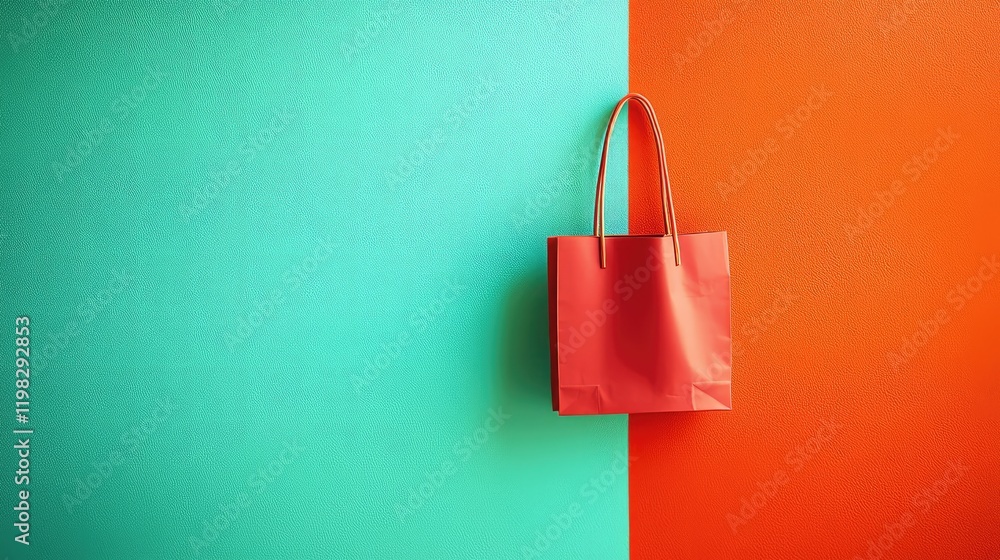Poster a single shopping bag with a handle placed against a bright pastel background, creating a stylish ye