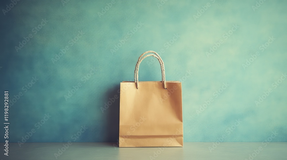 Poster a single shopping bag with handles, placed in the center of a flat, clean background, with ample spa