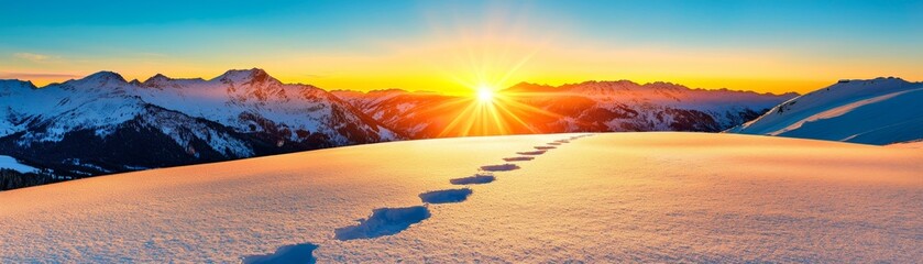 Fototapeta premium Glowing Footprints Trail Against Snowy Landscape at Sunrise