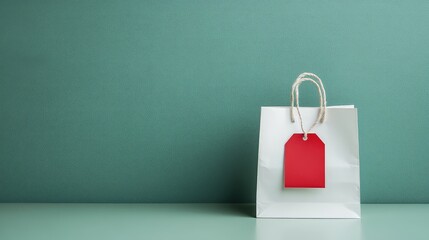 A single shopping bag with a bold sale tag hanging from it, resting on a soft surface with room to display promotional messaging.