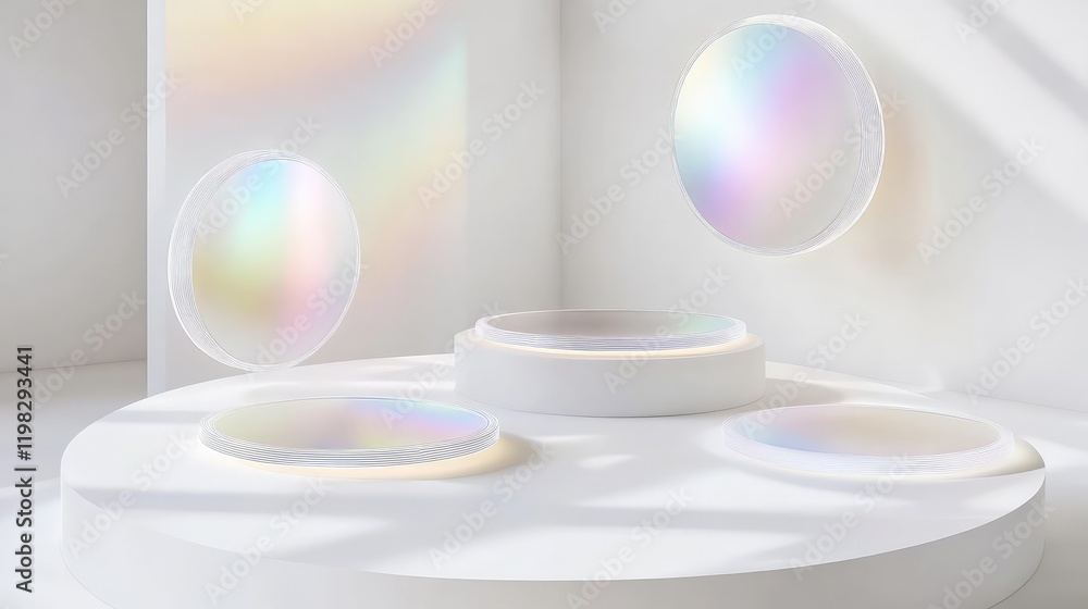Poster clean white background with dynamic floating holographic panels and subtle light reflections for a d