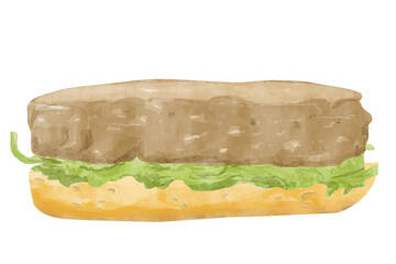 Watercolor Sandwich with Toasted Bread Piece, Lettuce Leaf, Fried Patty, Textured Painting Illustration for Print, Web and Textile, Menu