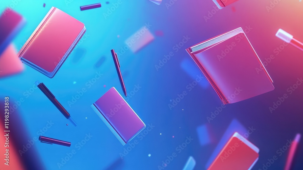 Poster dynamic abstract blue gradient background with floating holographic notebooks and digital pens for e
