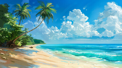 Painting of a beach with palm trees and a blue ocean. The mood of the painting is calm and relaxing