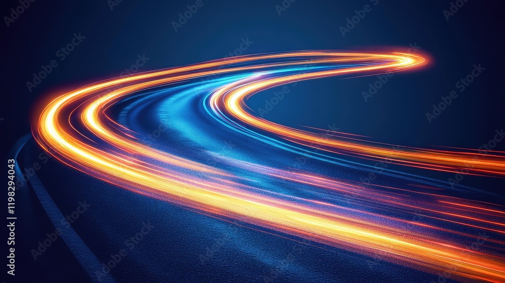 Poster dynamic glowing light trails forming curved paths on a dark blue digital background for an abstract 