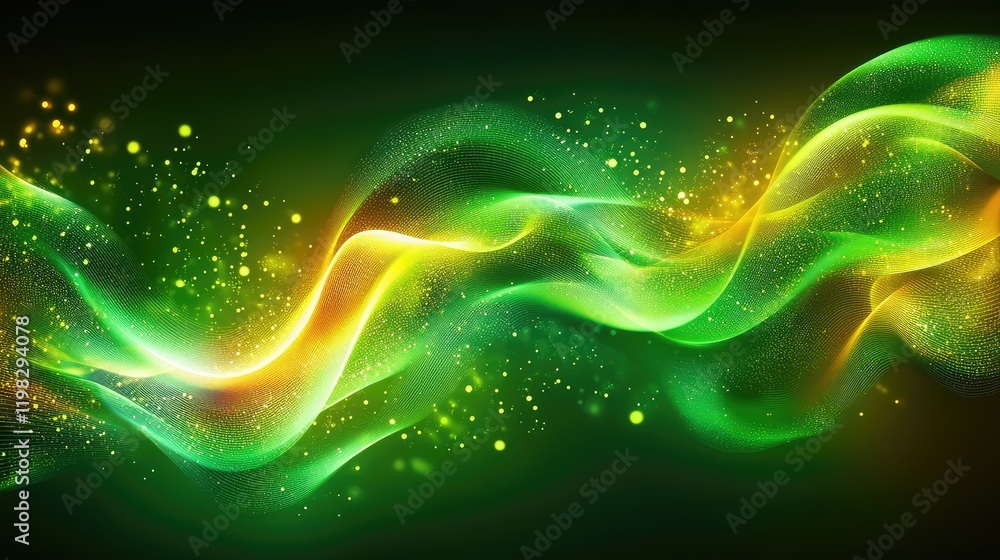 Poster dynamic light patterns and glowing particles forming wave-like grids for a futuristic digital concep