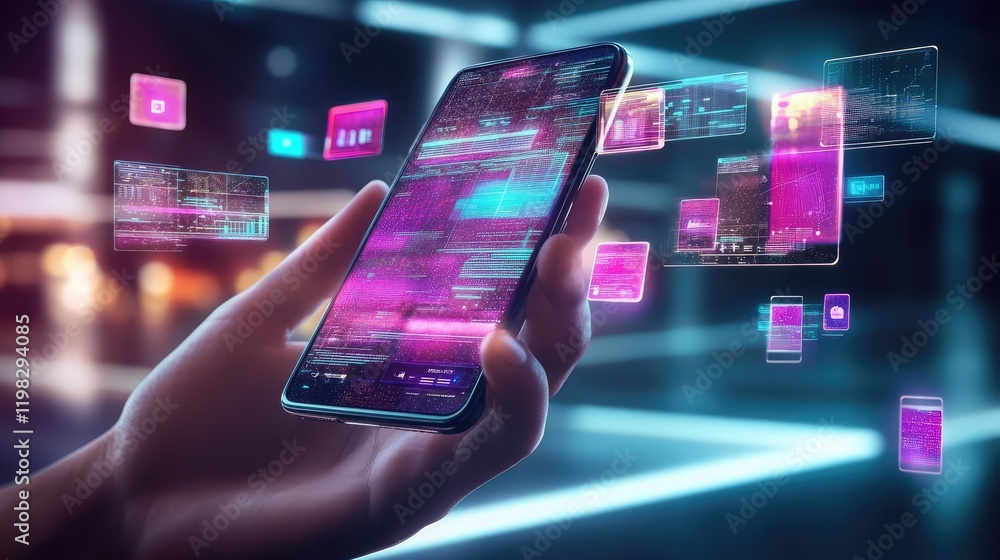 Poster dynamic interactive interface with glowing digital grids and holographic elements floating on a slee