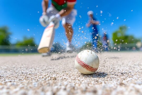 Cricket Match Batsman hits, ball on pitch, sunny day - Powered by Adobe