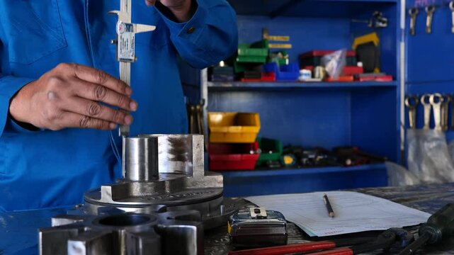 4K video of an engineer measuring machine spare parts with a vernier caliper and recording data on paper. Ideal for mechanical engineering, quality control, and industrial training.