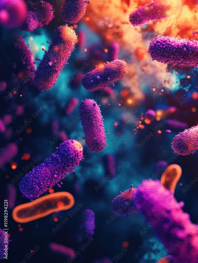 Poster exploring the intricate interaction of antibiotics and bacteria under a microscope in a vibrant abst