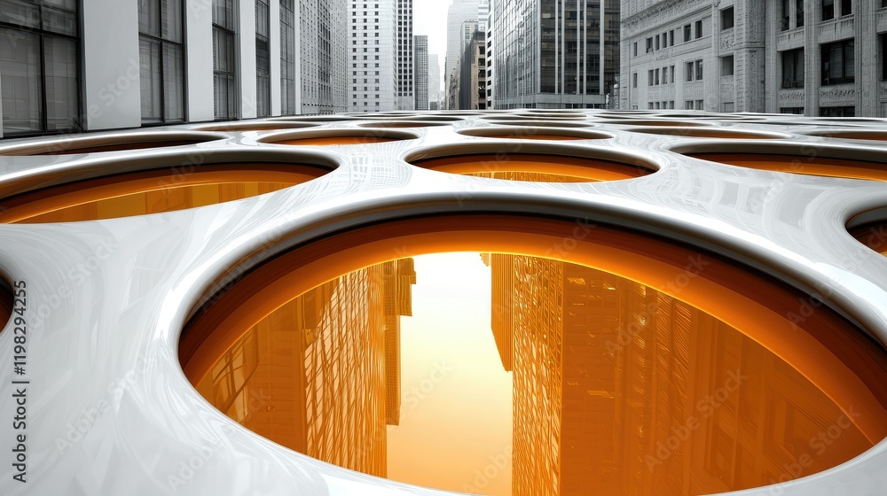 Poster abstract cityscape reflected in circular structures
