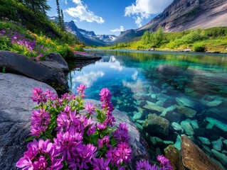 Obraz premium A Scenic View of Bright Wildflowers Growing Along the Crystal Clear Bank of a Tranquil Lake Surrounded by Majestic Mountains Under a Bright Blue Sky