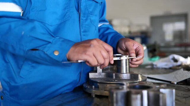 4K video of an engineer measuring machine spare parts with a vernier caliper and recording data on paper. Ideal for mechanical engineering, quality control, and industrial training.