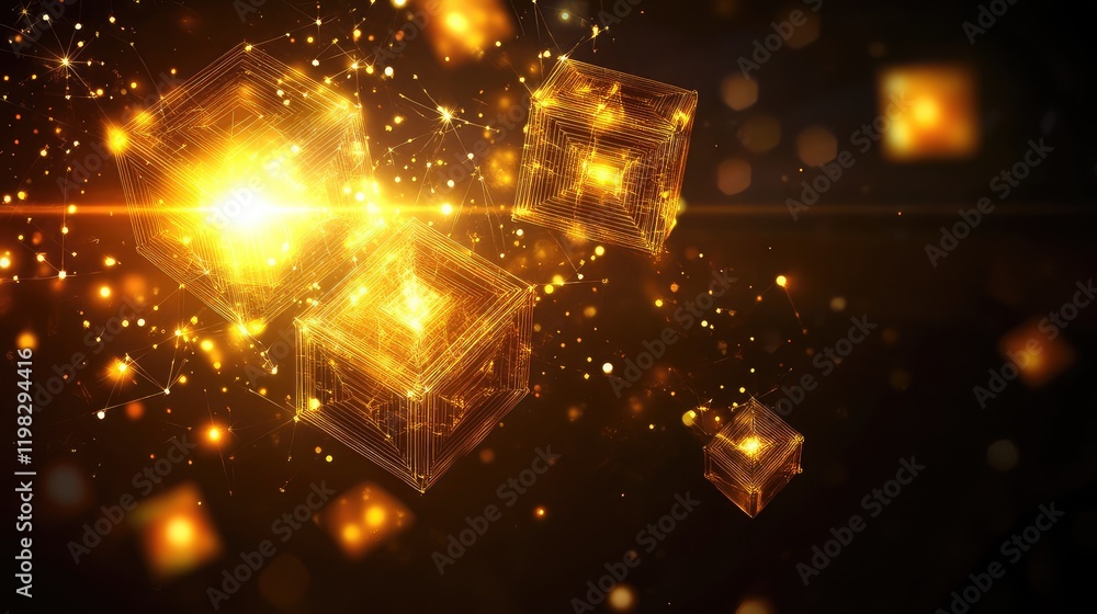 Poster elegant futuristic design with glowing d cubes and dynamic light patterns, ideal for product showcas
