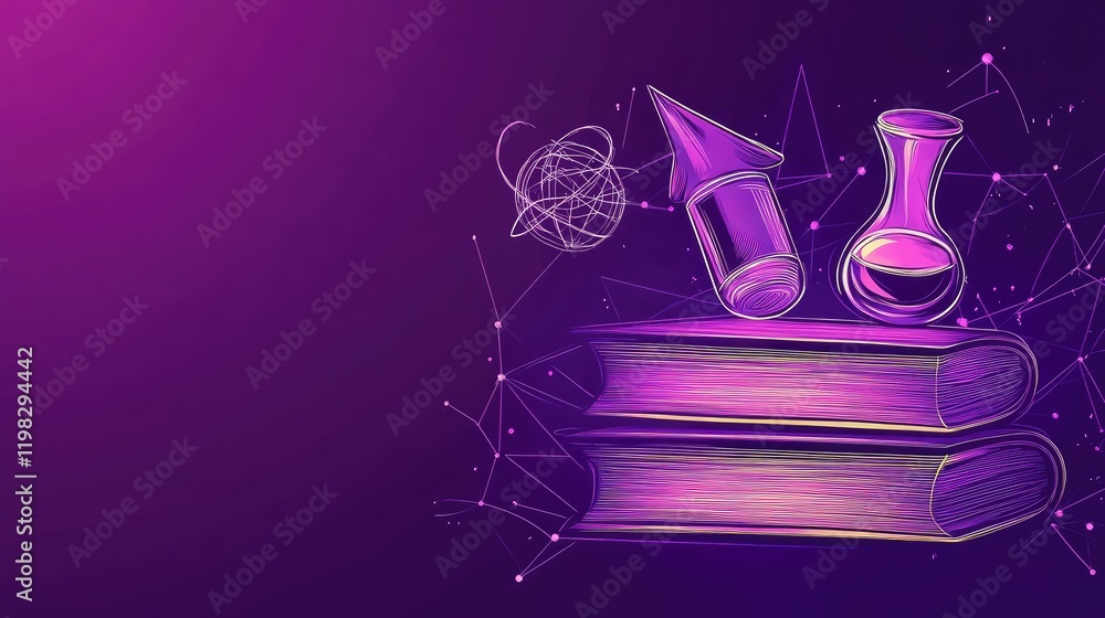 Poster elegant futuristic design with glowing lines and floating education tools on a clean digital gradien