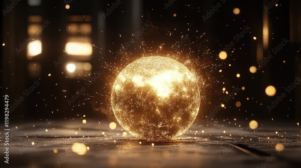 Poster Elegant futuristic glowing sphere with particle trails on a clean background, symbolizing digital product innovation.