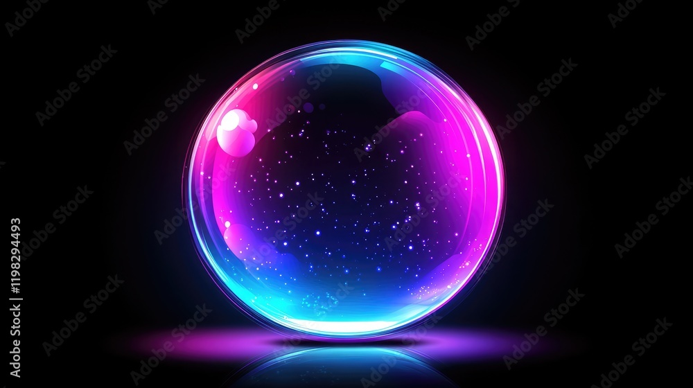 Poster elegant futuristic glowing sphere with particle trails on a clean background, symbolizing digital pr