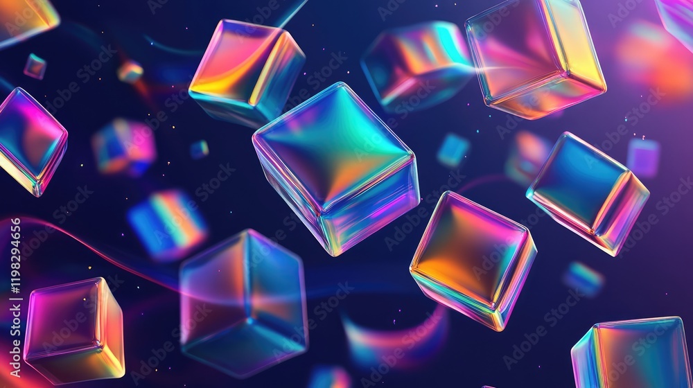 Poster elegant gradient with floating holographic d shapes and soft light trails for a modern abstract digi