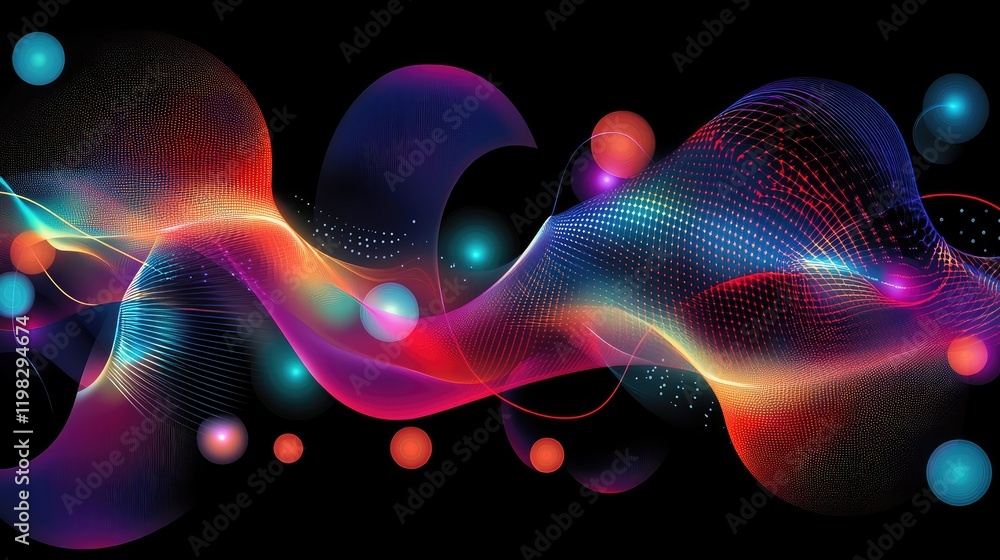 Poster elegant gradient background featuring glowing digital shapes and dynamic geometric light patterns.
