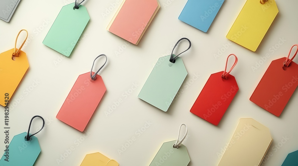 Poster flat lay of sale labels and promotional price tags on a clean background with open space for additio