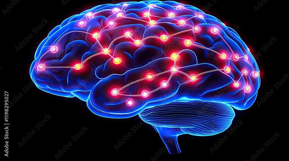 Poster illuminated brain neural pathways displaying connections