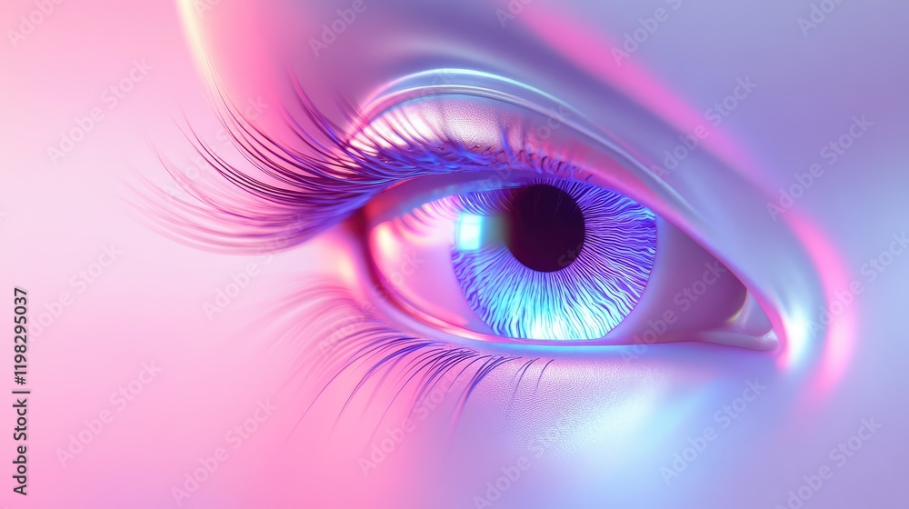 Poster futuristic digital rendering of a human eye with detailed iris structure on a gradient background.