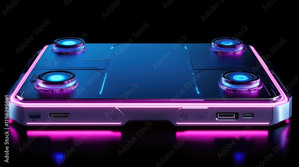 Poster futuristic glowing circuit board design with floating digital elements on a sleek dark background.