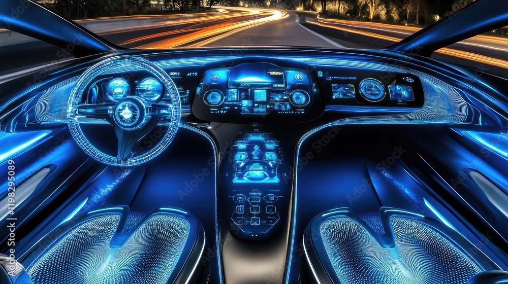 Aufkleber futuristic glowing dashboard with interactive holographic controls, circular patterns, and light tra
