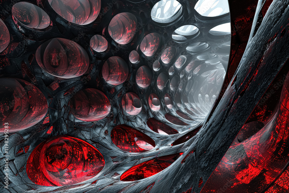 Poster very abstract image of a red and white swirl with a black background. the image is full of circles a