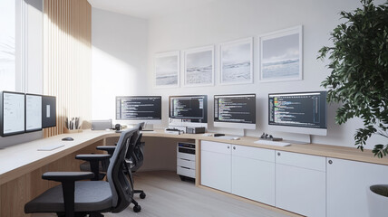 Modern office workspace with multiple monitors and coding setup