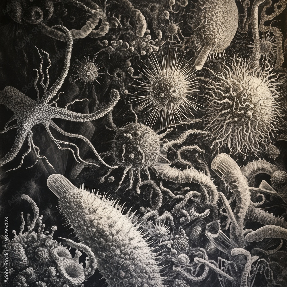 Aufkleber Dense layer of microbes showcasing intricate structures and diverse forms in a dark environment. Generative AI