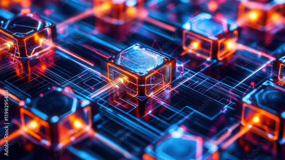 Poster abstract futuristic technology network: interconnected cubes and glowing lines