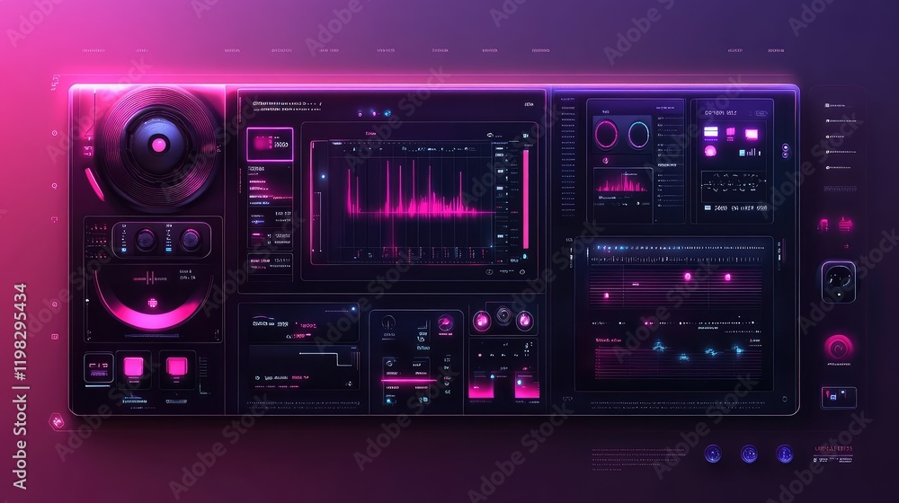 Poster glowing holographic interface with floating interactive panels and neon light effects on a sleek gra