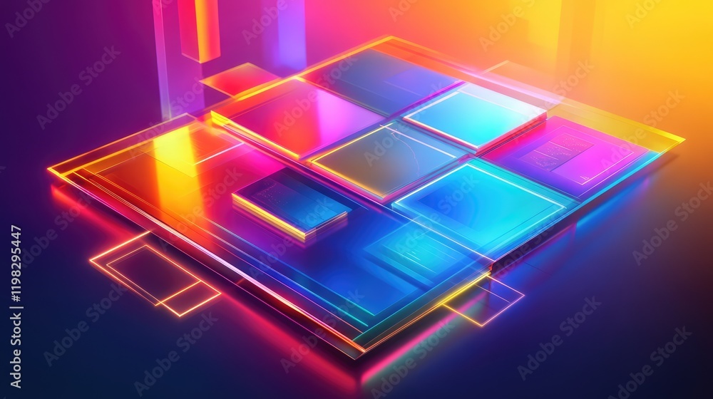 Poster glowing holographic interface with floating interactive panels and neon light effects on a sleek gra