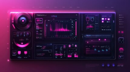 Fototapeta premium Glowing holographic interface with floating interactive panels and neon light effects on a sleek gradient background.