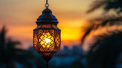Ornate Metal Lantern Illuminated By Sunset Glow
