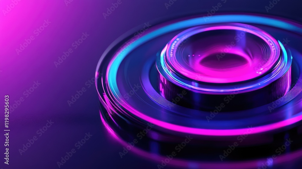 Poster interactive circular holographic interface with glowing menus and particle effects on a sleek gradie