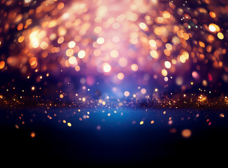 Obraz premium A mesmerizing bokeh effect with warm and cool tones. Golden and purple lights sparkle against a dark blue background, creating a magical, glittering atmosphere.