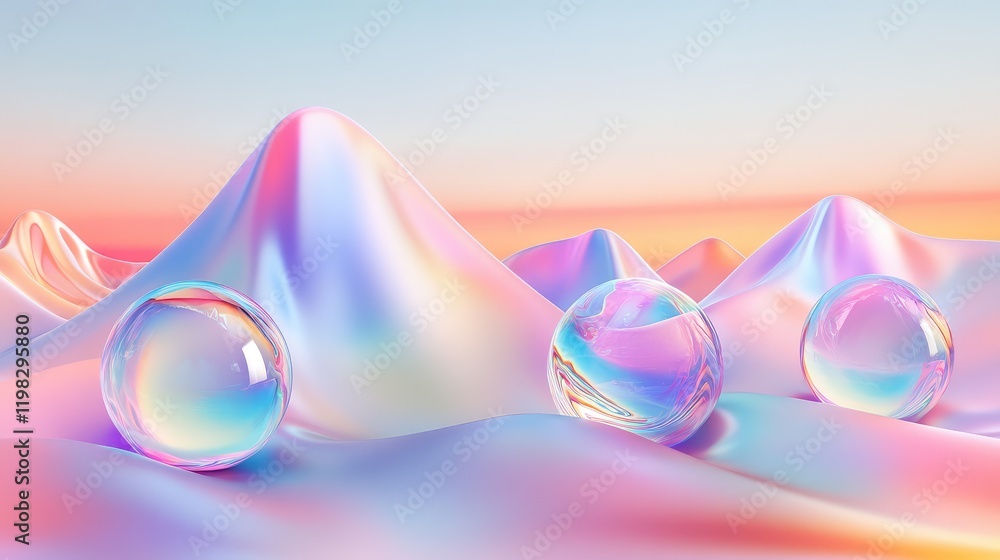 Poster minimalist background featuring holographic geometric patterns and glowing particles on a clean grad