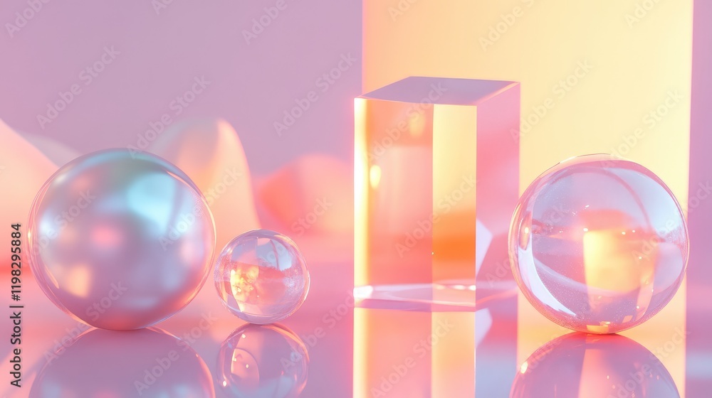 Poster minimalist background featuring holographic geometric patterns and glowing particles on a clean grad