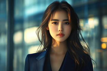 Fototapeta premium A young woman with long dark hair, wearing a dark blue blazer, looks directly at the camera.
