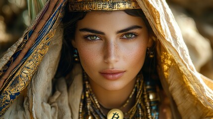 Mysterious Queen: A Portrait of an Enigmatic Woman Adorned in Ancient Egyptian Inspired Jewelry
