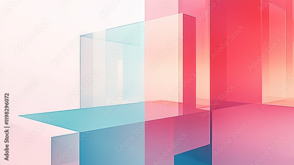 Poster minimalist futuristic design with overlapping transparent layers and muted color transitions.
