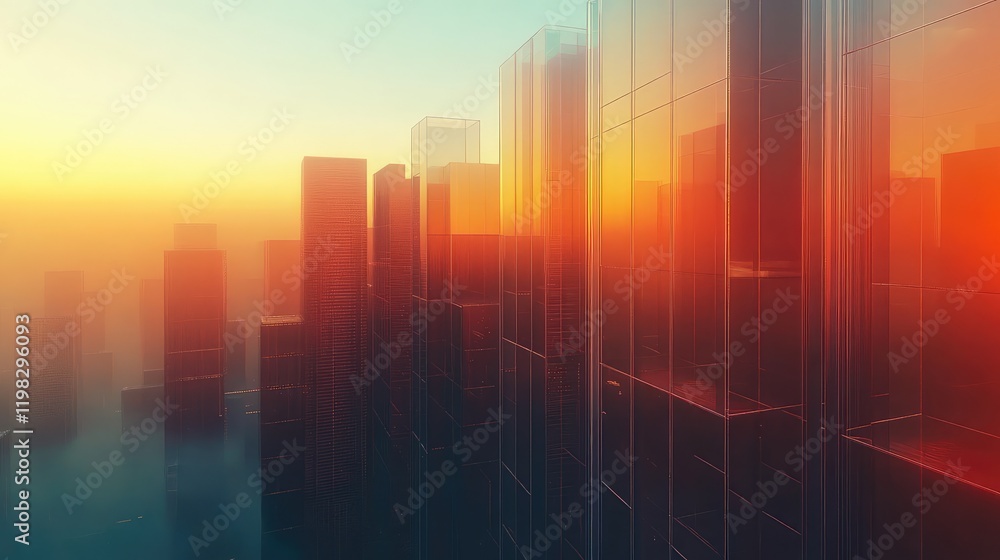 Poster minimalist futuristic design with overlapping transparent layers and muted color transitions.