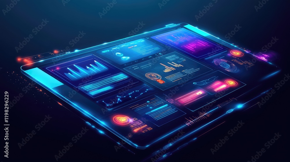 Poster minimalist glowing interface with floating holographic menus, digital controls, and light trails on 
