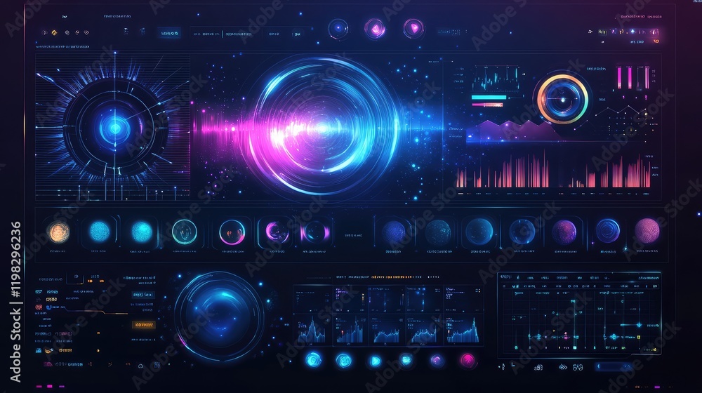 Poster minimalist glowing interface with floating digital grids, interactive holographic panels, and partic
