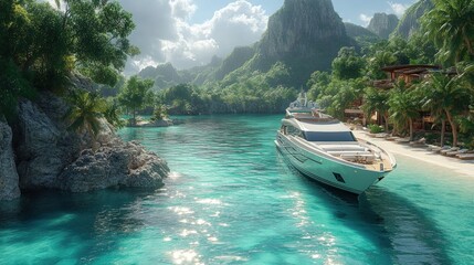 Fototapeta premium Luxury yacht at tropical bay, beach villas, sunny day